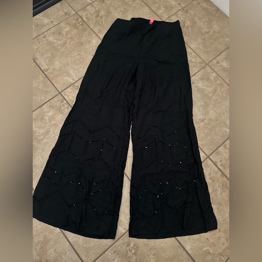 Black Wide-Leg Crochet Trim Palazzo Pants